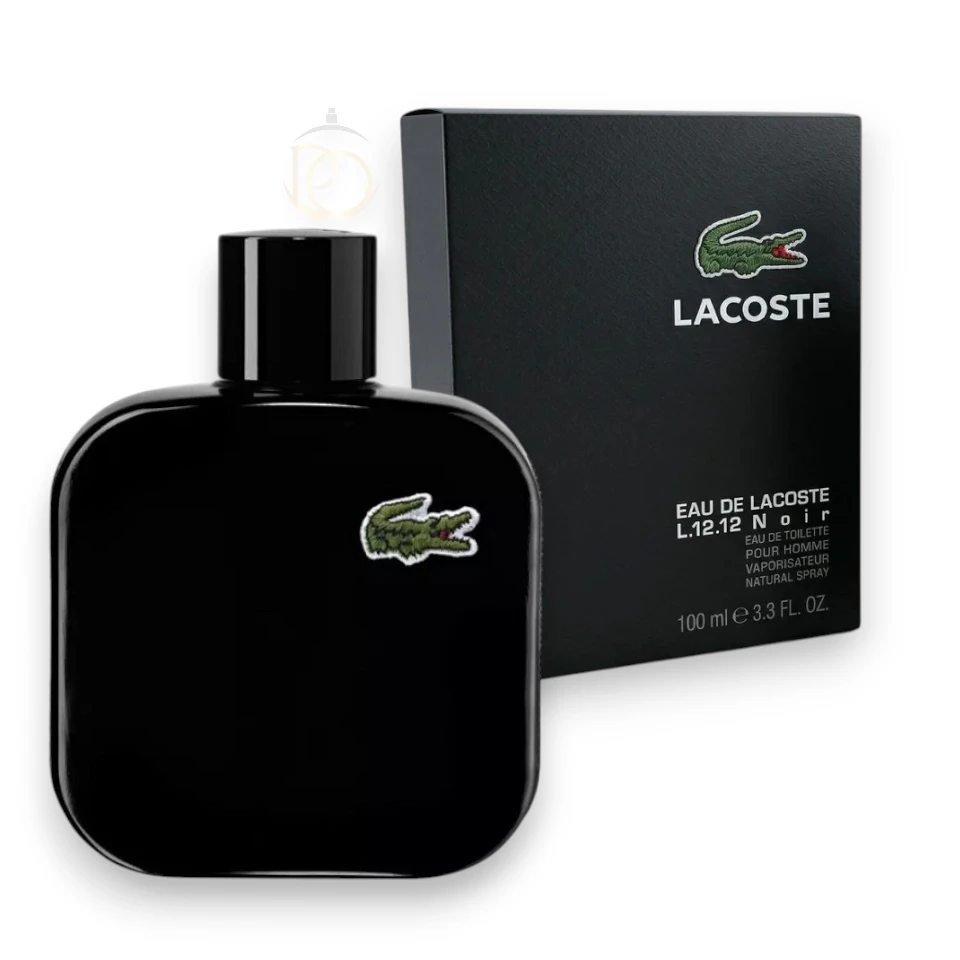 Elegante frasco negro de L12 Noir Lacoste, reflejando el misterio y la calidez de su aroma nocturno.