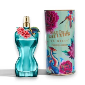 Frasco con silueta femenina en cristal verde esmeralda decorado con un bordado floral colorido.