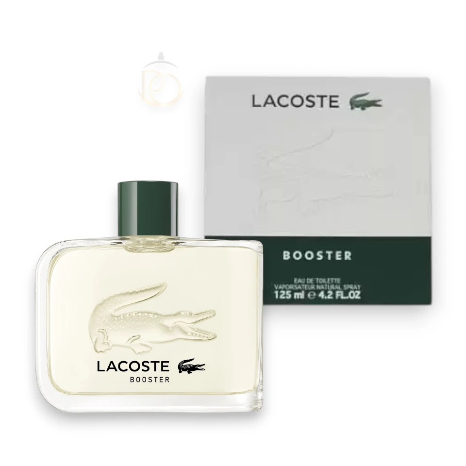 Frasco de Lacoste Booster EDT, capturando la esencia fresca, verde y deportiva de su aroma.