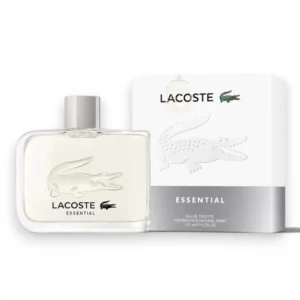 Frasco de vidrio curvo con el icónico cocodrilo grabado que contiene el líquido verde de la fragancia.
