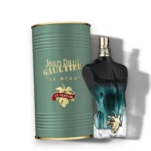 Frasco de torso masculino en cristal degradado de negro a verde oscuro con una hoja de parra dorada.