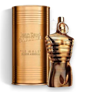 Escultural frasco en forma de torso masculino bañado en oro con perfectas líneas horizontales.