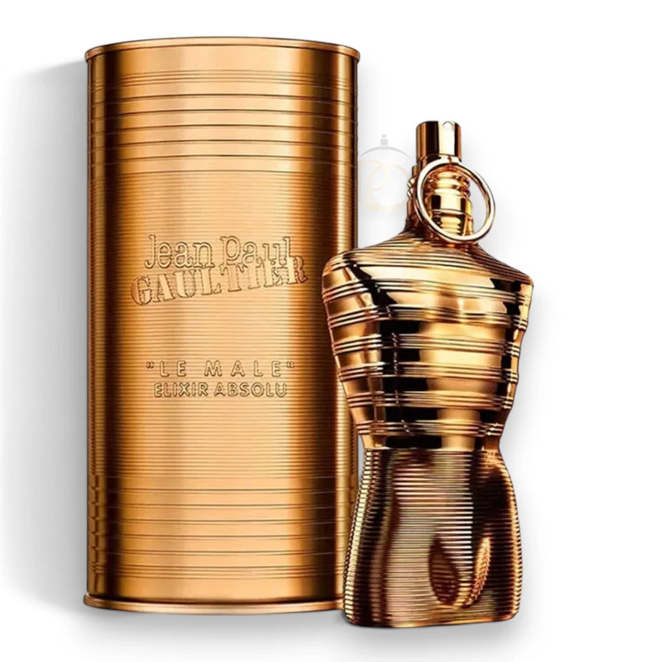 Escultural frasco en forma de torso masculino bañado en oro con perfectas líneas horizontales.