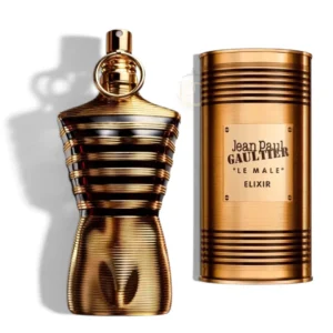 Escultural frasco en forma de torso masculino bañado en oro con perfectas líneas horizontales.
