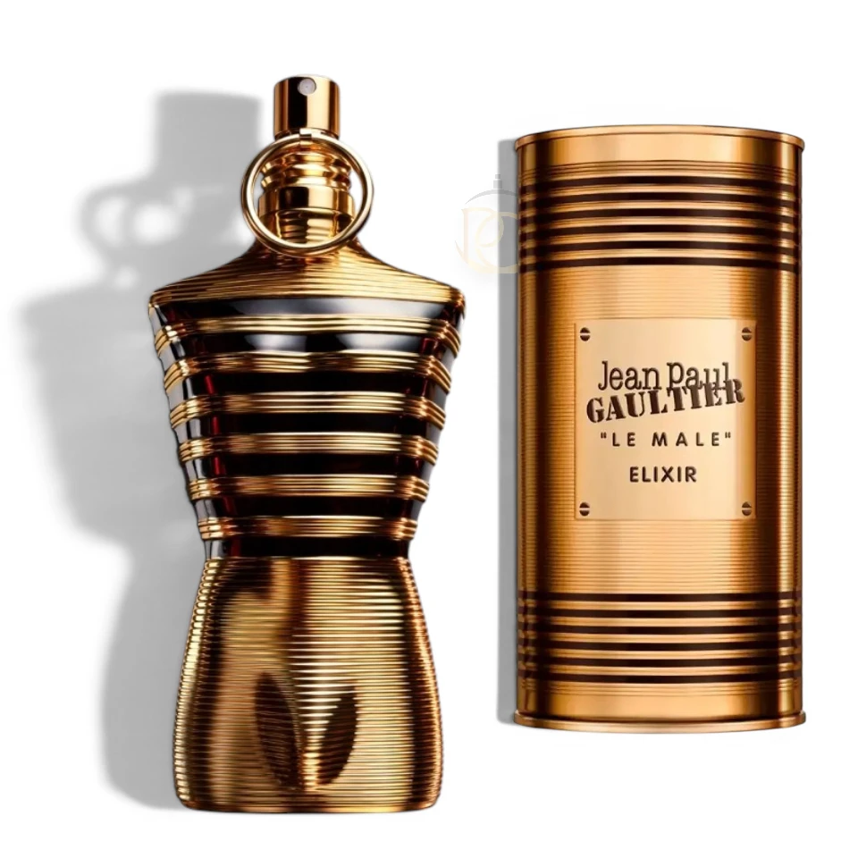 Escultural frasco en forma de torso masculino bañado en oro con perfectas líneas horizontales.