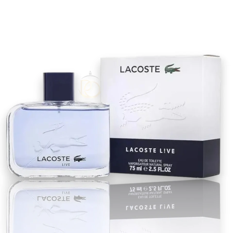 Innovador frasco de Live 2025 Lacoste, capturando la esencia fresca, acuática y urbana de su aroma.