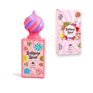 Moderno frasco del perfume Lollipop Land Zakat exhibido sobre un fondo minimalista y elegante.
