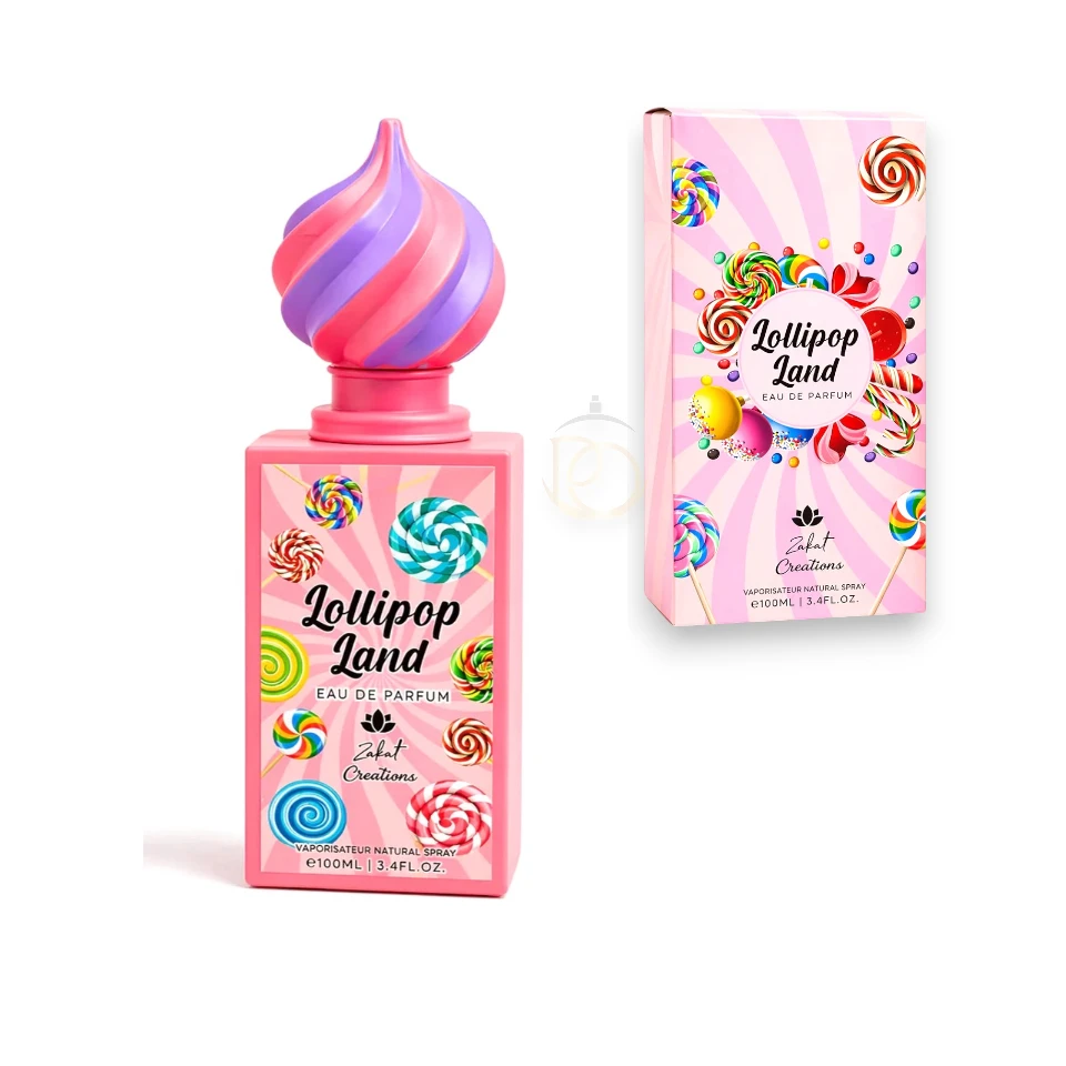 Moderno frasco del perfume Lollipop Land Zakat exhibido sobre un fondo minimalista y elegante.