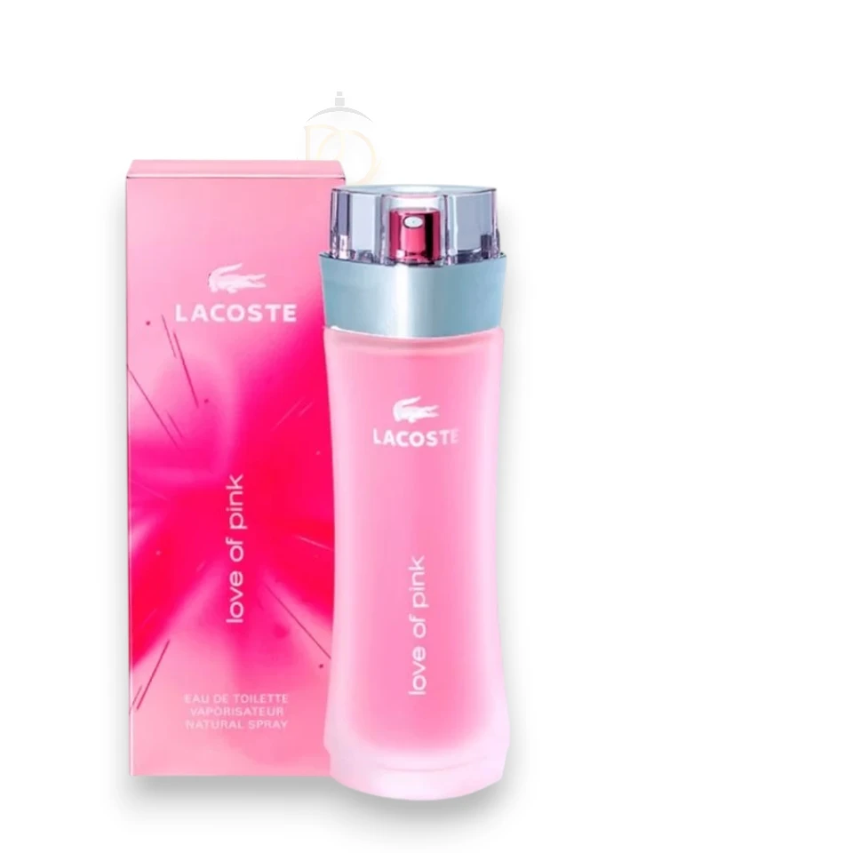 Estilizado frasco rosa de Love Of Pink Lacoste, reflejando la esencia romántica y juvenil de su aroma.