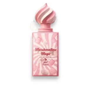 Frasco delicado de Marshmallow Magic exhibido sobre una cama de malvaviscos suaves y pétalos blancos.