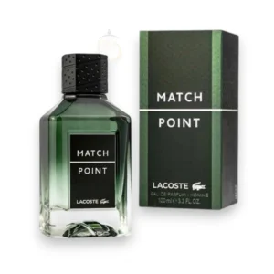Frasco de Match Point Lacoste, reflejando la frescura verde y la energía del gran partido.