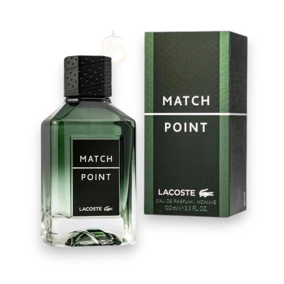 Frasco de Match Point Lacoste, reflejando la frescura verde y la energía del gran partido.