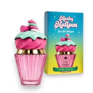 Frasco elegante de Mushy Mallows Zakat exhibido junto a esponjosos malvaviscos y orquídeas blancas.