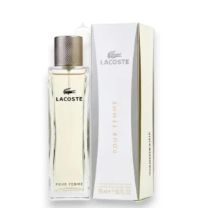 Frasco estilizado de Pour Femme Lacoste, reflejando la gracia, pureza y elegancia de su aroma.