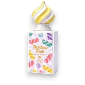 Frasco moderno de Rainbow Treats rodeado de dulces coloridos y destellos brillantes sobre un fondo pastel.