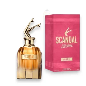 Frasco de perfume Scandal Absolu de mujer lacado en oro brillante con las icónicas piernas hacia arriba.