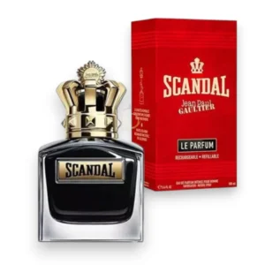 Elegante frasco negro de Scandal Pour Homme Le Parfum EDP con su icónica corona dorada de campeón.