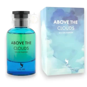 Frasco de Volaré Above The Clouds EDP reflejado sobre nubes, evocando libertad y frescura pura.