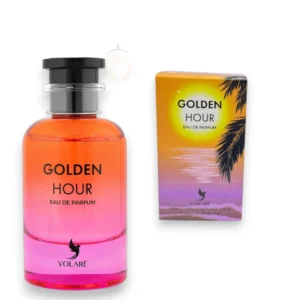 Frasco de Volaré Golden Hour EDP bañado por los rayos dorados del sol, reflejando su lujo cálido.