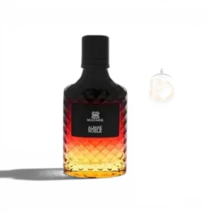 Frasco de perfume Albane Noble Mustang EDP en cristal ahumado sobre un fondo de cuero elegante.