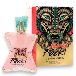 Frasco de Animal Rock Shakira EDT con su silueta en movimiento decorada con un audaz estampado animal print.