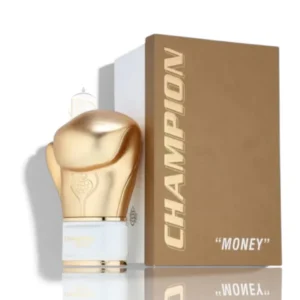 Moderna botella del perfume Champion Money colocada de forma artística junto a texturas de cuero negro.
