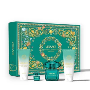 Elegante set de perfume Crystal Emerald EDP 4PZS con frasco verde esmeralda y detalles dorados.