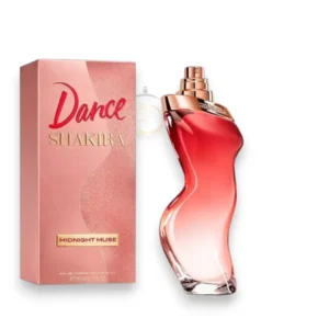 Frasco de Dance Midnight Muse Shakira con su silueta en movimiento vestida en un elegante tono oro rosa.