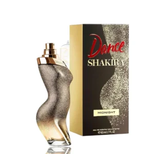 Frasco de Dance Midnight EDP Shakira con su silueta en movimiento vestida en un elegante color violeta oscuro.