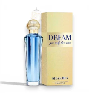 Frasco de Dream Shakira EDT en forma de micrófono vintage con un líquido de color azul turquesa brillante.