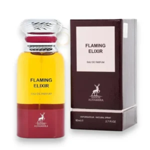 Frasco elegante del perfume Flaming Elixir EDP con destellos dorados y fondo cálido y sofisticado.
