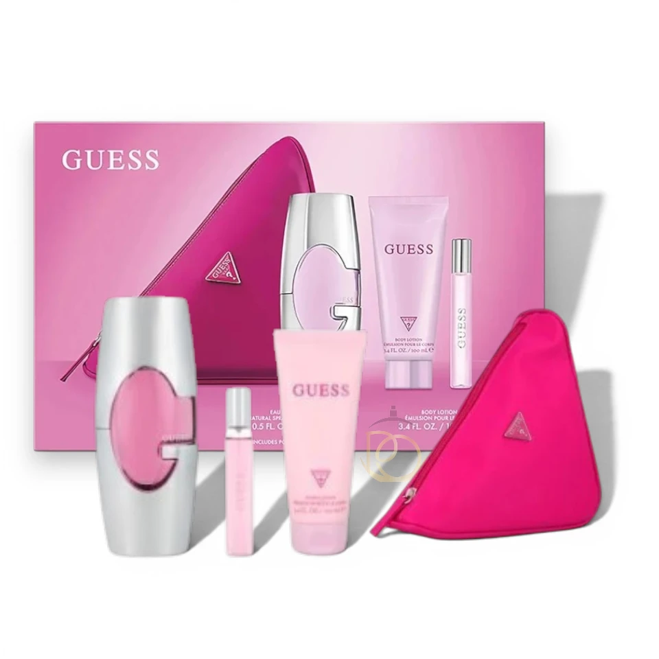 Set de perfume Guess Woman 4PZS en elegante empaque plateado con frasco de diseño metálico y rosa.