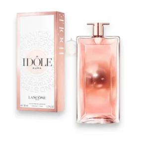 Frasco de perfume Idole Aura Lancome ultra delgado con destellos de oro rosa y corazón brillante.