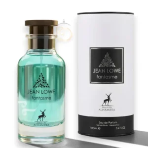 Frasco de perfume Jean Lowe Fantasme EDP en cristal elegante con detalles en dorado sobre fondo oscuro.