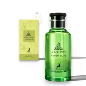 Frasco de perfume Jean Lowe Verde Aura EDP en cristal verde elegante sobre un fondo natural sereno.