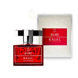 Lujoso frasco del perfume Kajal Ruby EDP, una fragancia sofisticada con detalles de alta joyería.