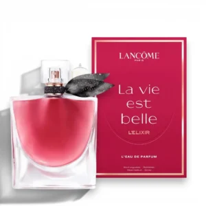 Frasco de perfume La Vie Est Belle Lelixir Lancome esculpido en cristal con una elegante sonrisa.