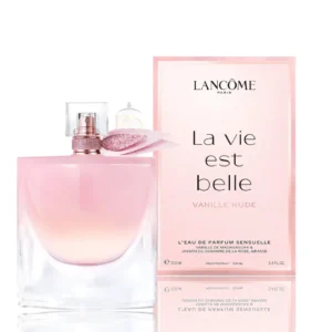 Frasco de perfume La Vie Est Belle Vanille Nude L´EauDP en cristal rosado con su icónico lazo.