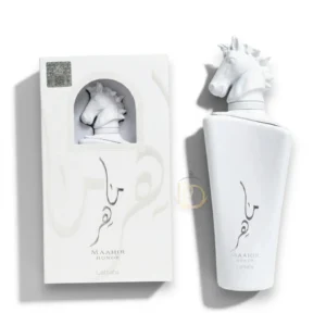 Frasco de perfume Maahir Honor Lattafa con elegante diseño esculpido y detalles dorados de lujo.
