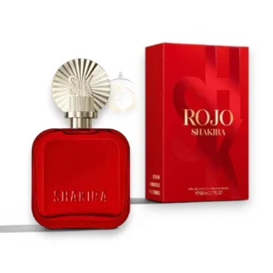 Frasco de Rojo Shakira EDP facetado como un rubí con un color rojo intenso y un tapón dorado elegante.