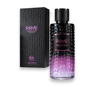 Elegante frasco del perfume Rome Melancholia, un diseño minimalista que evoca misterio y distinción.