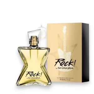 Frasco de Shakira Rock EDT con forma de guitarra eléctrica translúcida que refleja un tono dorado. avainillado cítrico amaderado