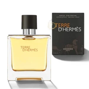 Frasco de Terre Parfum Pure Perfume 75ml destacando su robusta base con la H naranja de la firma.