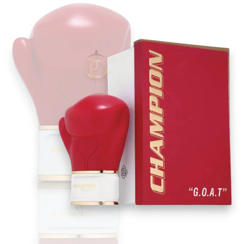 Elegante botella del perfume Champion Goat EDP de 80ml sobre un fondo premium de mármol oscuro.