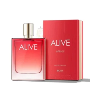 Elegante frasco de Alive Intense EDP con su cautivador tono frambuesa y fino marco dorado.