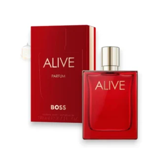 Frasco del perfume Boss Alive Parfum en tono rubí intenso con marco dorado sobre fondo elegante.