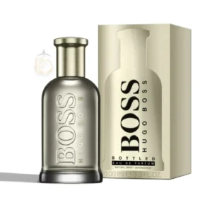 Diseño clásico del frasco Boss Bottled Hugo Boss en vidrio transparente con elegante tapón gris.