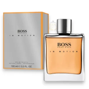 Frasco esférico plateado de Boss In Motion Hugo Boss Edt sobre una superficie moderna y metálica.