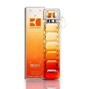 Frasco del perfume Boss Orange Sunset reflejando los tonos cálidos y vibrantes de un atardecer.