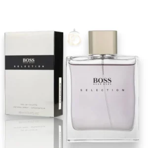 Elegante frasco de cristal transparente de Boss Selection EDT con líquido plateado y fondo oscuro.